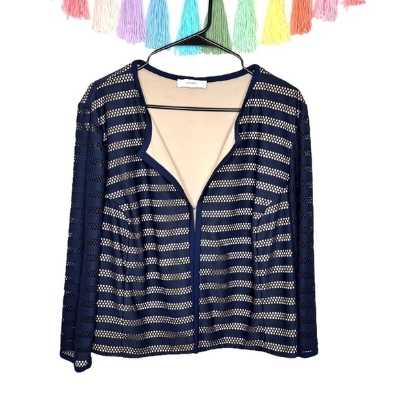 CJ Banks Open Front 3/4 Sleeve Navy and Beige Dressy Netted Cardigan Large - Picture 3 of 14